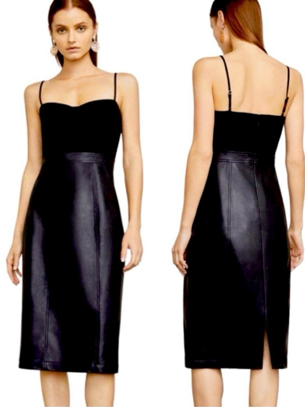 BCBGMaxAzria Nalia Black Faux Leather Midi Dress with Spaghetti Straps